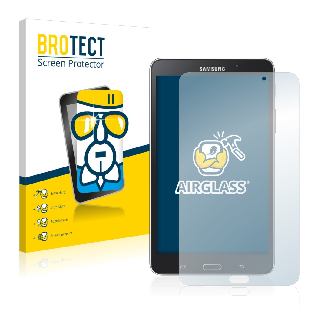 Vorderseite einer Produktverpackung mit dem Markenlogo BROTECT. Daneben ist das Gerät Samsung Galaxy Tab 4 7.0 WiFi mit dem zu