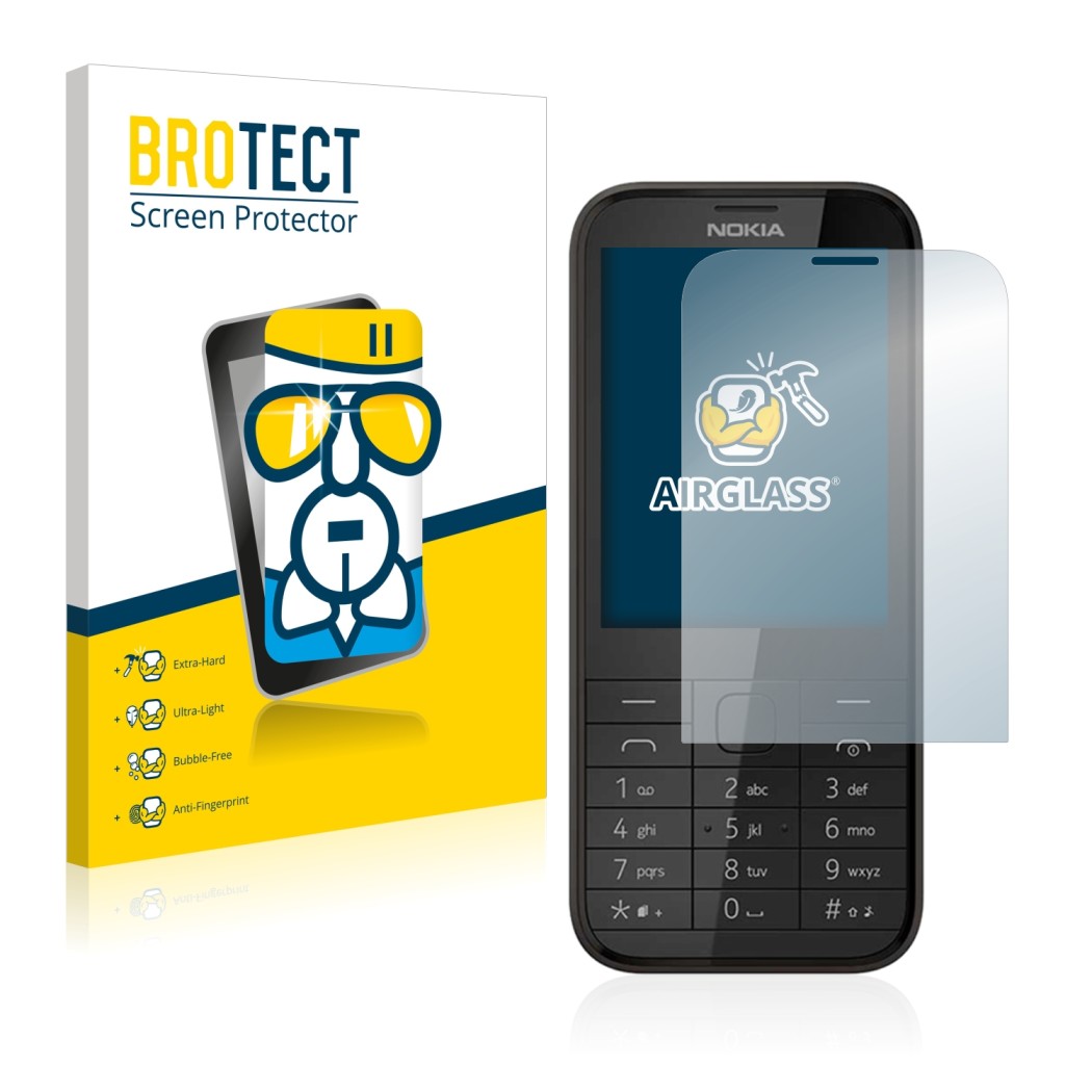 Front side of a product packaging with the brand logo BROTECT. Next to it is the device Nokia 225 shown with the corresponding