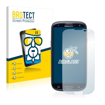 Parte frontal de un envase de producto con el logotipo de la marca BROTECT. Al lado se muestra el dispositivo Samsung Galaxy S