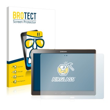 Front side of a product packaging with the brand logo BROTECT. Next to it is the device Samsung Galaxy Tab S 10.5 SM-T800 show