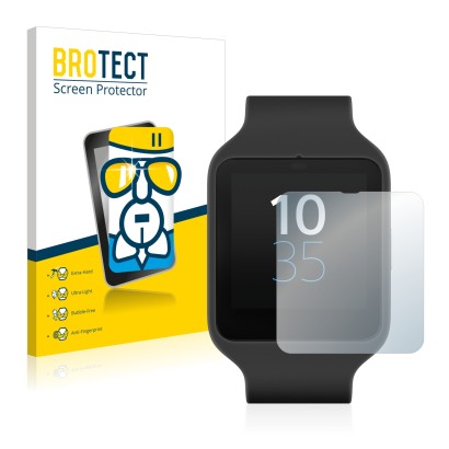 Face avant d’un emballage produit avec le logo de la marque BROTECT. À côté, l’appareil Sony Smartwatch 3 SWR50 est représenté