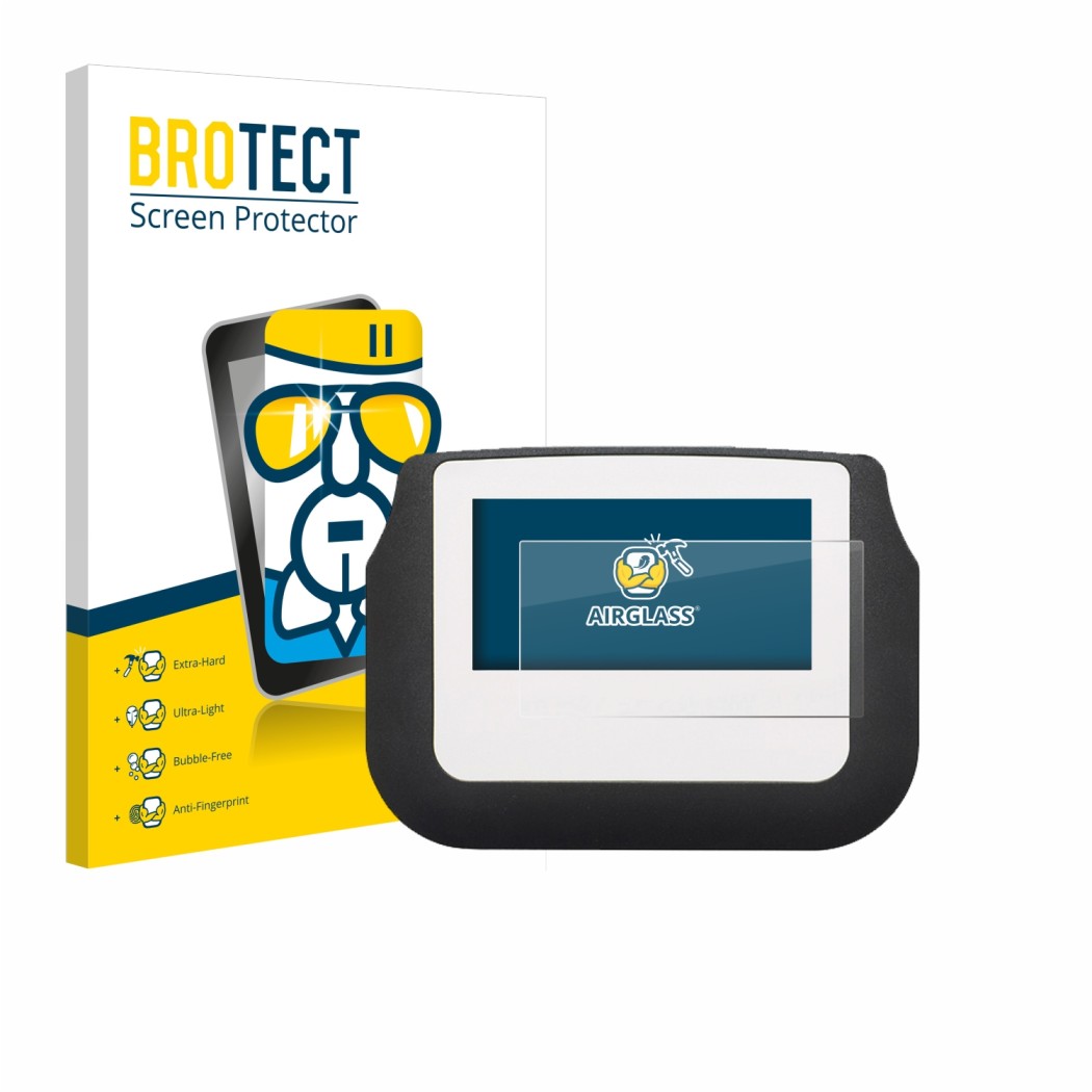 Parte frontal de un envase de producto con el logotipo de la marca BROTECT. Al lado se muestra el dispositivo Signotec Signatu