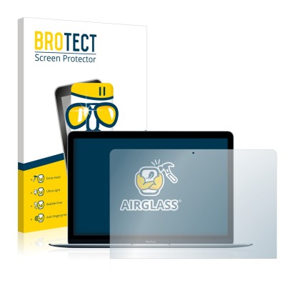 Face avant d’un emballage produit avec le logo de la marque BROTECT. À côté, l’appareil Apple MacBook 12" (Début 2015) est rep