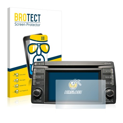 Face avant d’un emballage produit avec le logo de la marque BROTECT. À côté, l’appareil Mazda CX-5 2012-2014 Infotainment Syst