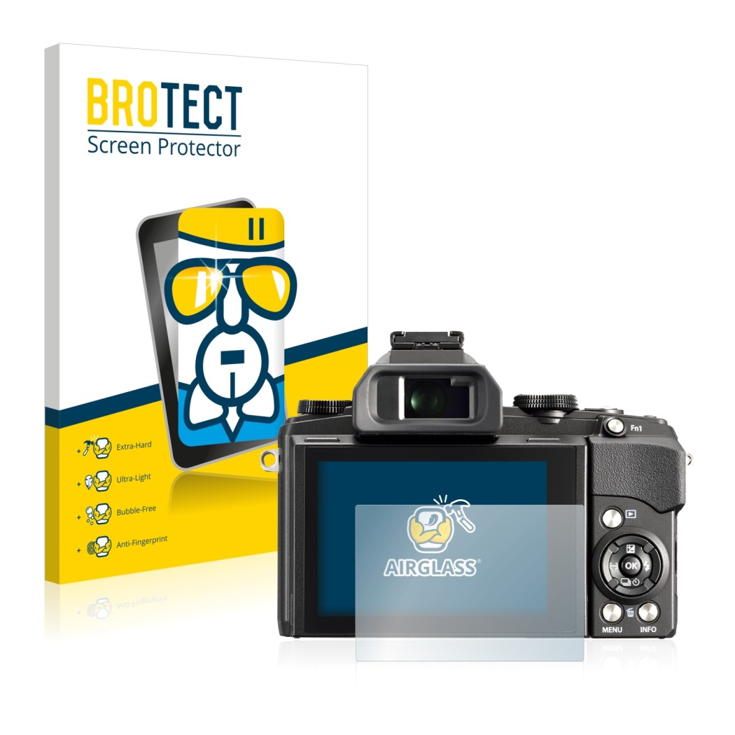 Face avant d’un emballage produit avec le logo de la marque BROTECT. À côté, l’appareil Olympus Stylus 1s est représenté avec 