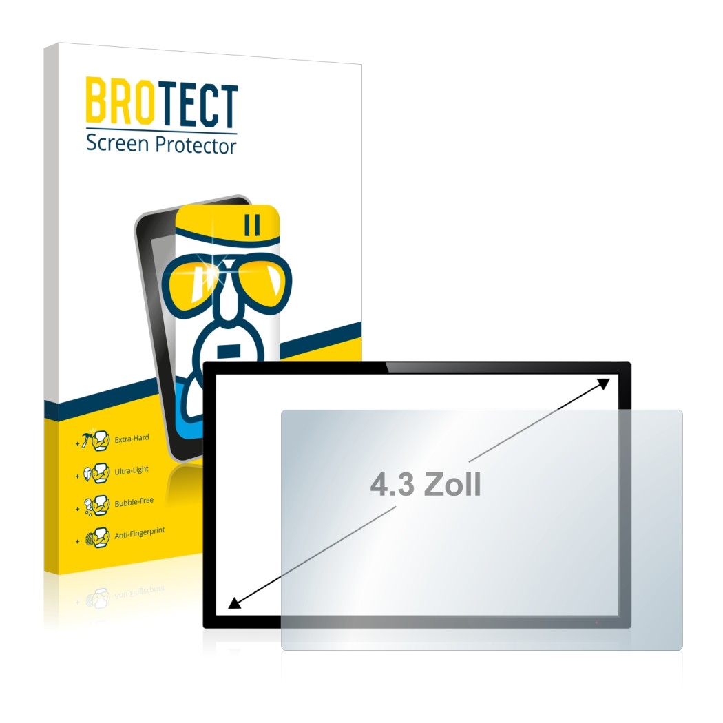 Face avant d’un emballage produit avec le logo de la marque BROTECT. À côté, l’appareil est représenté avec la protection d’éc