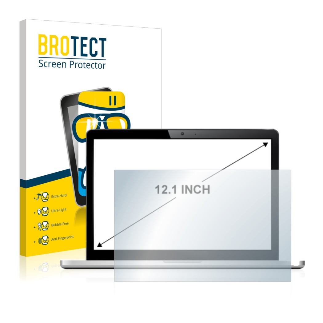 Face avant d’un emballage produit avec le logo de la marque BROTECT. À côté, l’appareil est représenté avec la protection d’éc