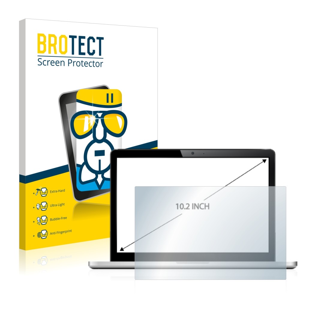 Front side of a product packaging with the brand logo BROTECT. Next to it is the device shown with the corresponding screen pr