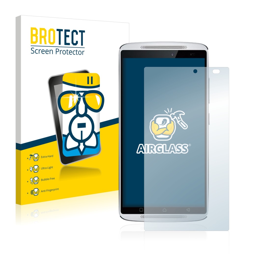 Parte frontal de un envase de producto con el logotipo de la marca BROTECT. Al lado se muestra el dispositivo Lenovo Vibe X3 (