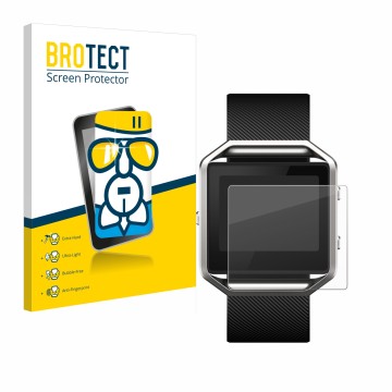 Vorderseite einer Produktverpackung mit dem Markenlogo BROTECT. Daneben ist das Gerät Fitbit Blaze mit dem zugehörigen Display