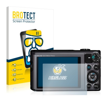 Face avant d’un emballage produit avec le logo de la marque BROTECT. À côté, l’appareil Canon PowerShot SX720 HS est représent