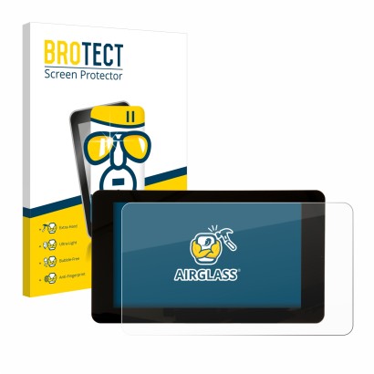 Front side of a product packaging with the brand logo BROTECT. Next to it is the device Raspberry Pi Touchscreen 7" shown with
