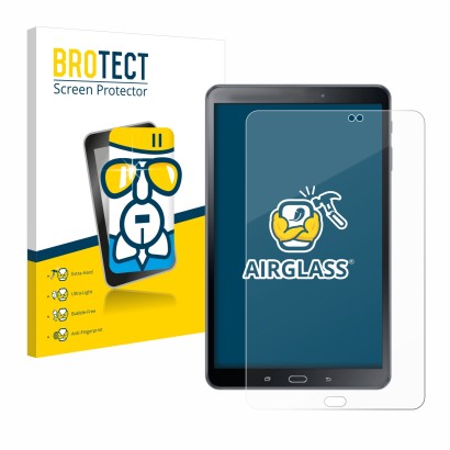 Face avant d’un emballage produit avec le logo de la marque BROTECT. À côté, l’appareil Samsung Galaxy Tab A 10.1 2016 SM-T585
