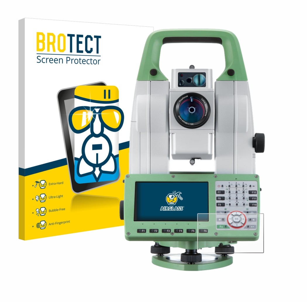 Vorderseite einer Produktverpackung mit dem Markenlogo BROTECT. Daneben ist das Gerät Leica Viva TS16 mit dem zugehörigen Disp