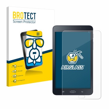 Front side of a product packaging with the brand logo BROTECT. Next to it is the device Samsung Galaxy Tab A6 7.0 shown with t