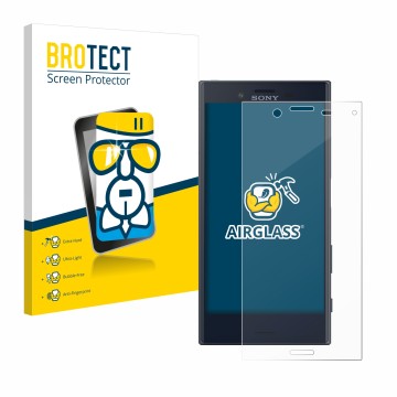 Front side of a product packaging with the brand logo BROTECT. Next to it is the device Sony Xperia X Compact shown with the c