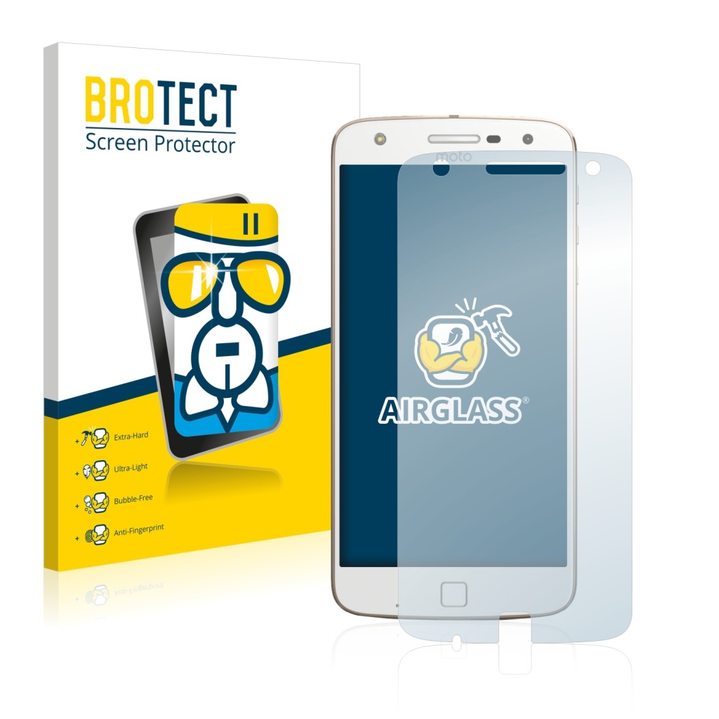 Front side of a product packaging with the brand logo BROTECT. Next to it is the device Motorola Moto Z Play shown with the co