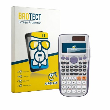 Parte frontale di una confezione del prodotto con il logo del marchio BROTECT. Accanto è raffigurato il dispositivo Casio FX-9