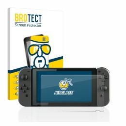 Face avant d’un emballage produit avec le logo de la marque BROTECT. À côté, l’appareil Nintendo Switch est représenté avec la