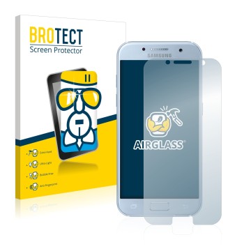 Parte frontal de un envase de producto con el logotipo de la marca BROTECT. Al lado se muestra el dispositivo Samsung Galaxy A