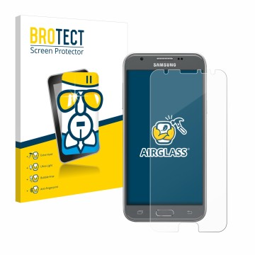 Parte frontal de un envase de producto con el logotipo de la marca BROTECT. Al lado se muestra el dispositivo Samsung Galaxy J