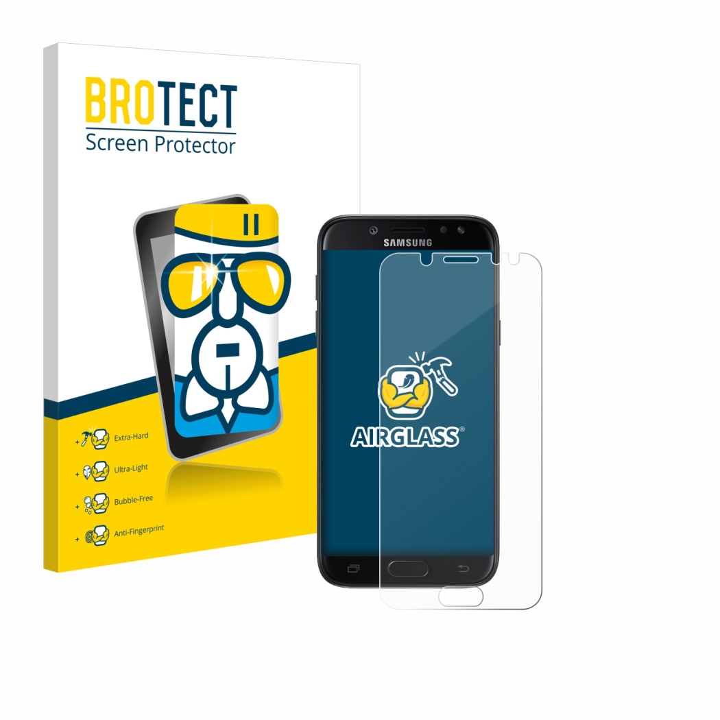 Front side of a product packaging with the brand logo BROTECT. Next to it is the device Samsung Galaxy J5 2017 shown with the