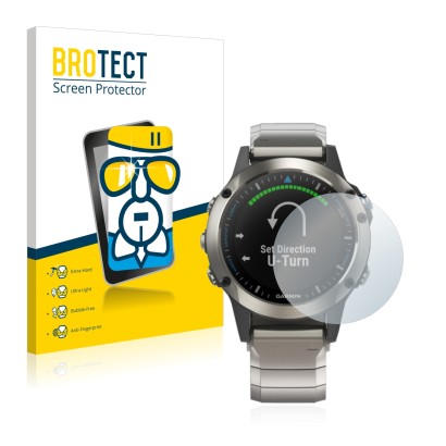 Front side of a product packaging with the brand logo BROTECT. Next to it is the device Garmin quatix 5 shown with the corresp