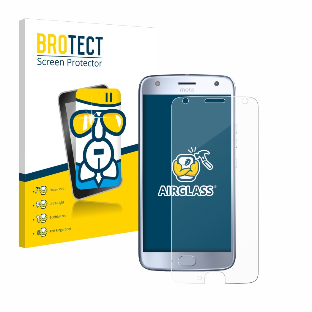 Face avant d’un emballage produit avec le logo de la marque BROTECT. À côté, l’appareil Motorola Moto X4 est représenté avec l