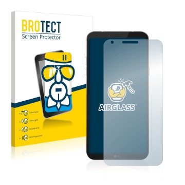 Face avant d’un emballage produit avec le logo de la marque BROTECT. À côté, l’appareil LG Q6 est représenté avec la protectio