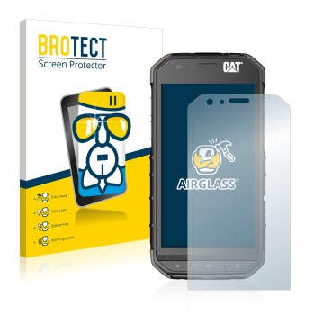 Front side of a product packaging with the brand logo BROTECT. Next to it is the device Caterpillar Cat S31 shown with the cor