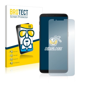 Front side of a product packaging with the brand logo BROTECT. Next to it is the device OnePlus 5T shown with the correspondin