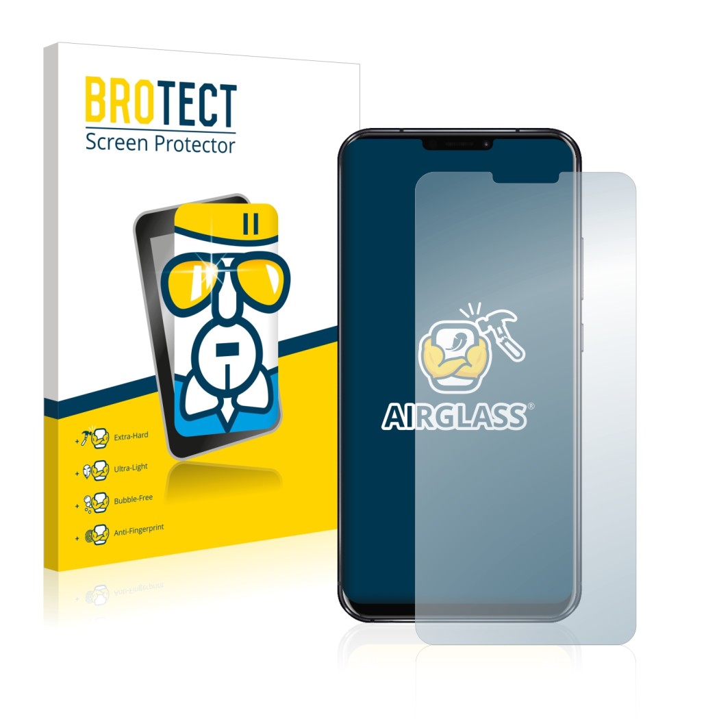 Front side of a product packaging with the brand logo BROTECT. Next to it is the device ASUS ZenFone 5z ZS620KL shown with the