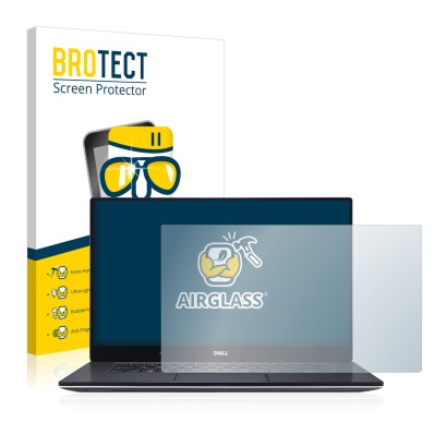 Front side of a product packaging with the brand logo BROTECT. Next to it is the device Dell XPS 15 9560 shown with the corres