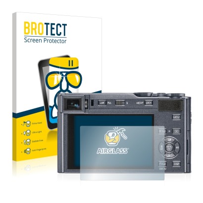Front side of a product packaging with the brand logo BROTECT. Next to it is the device Leica C-Lux shown with the correspondi