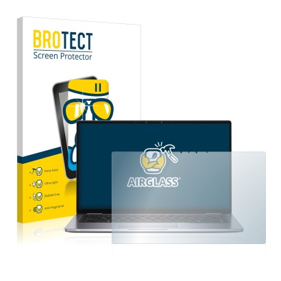 Front side of a product packaging with the brand logo BROTECT. Next to it is the device Dell Latitude 7400 2-in-1 shown with t