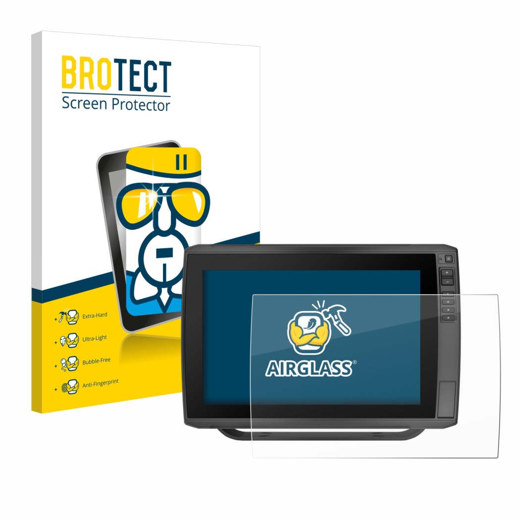 Front side of a product packaging with the brand logo BROTECT. Next to it is the device Garmin ECHOMAP Ultra 122sv shown with 