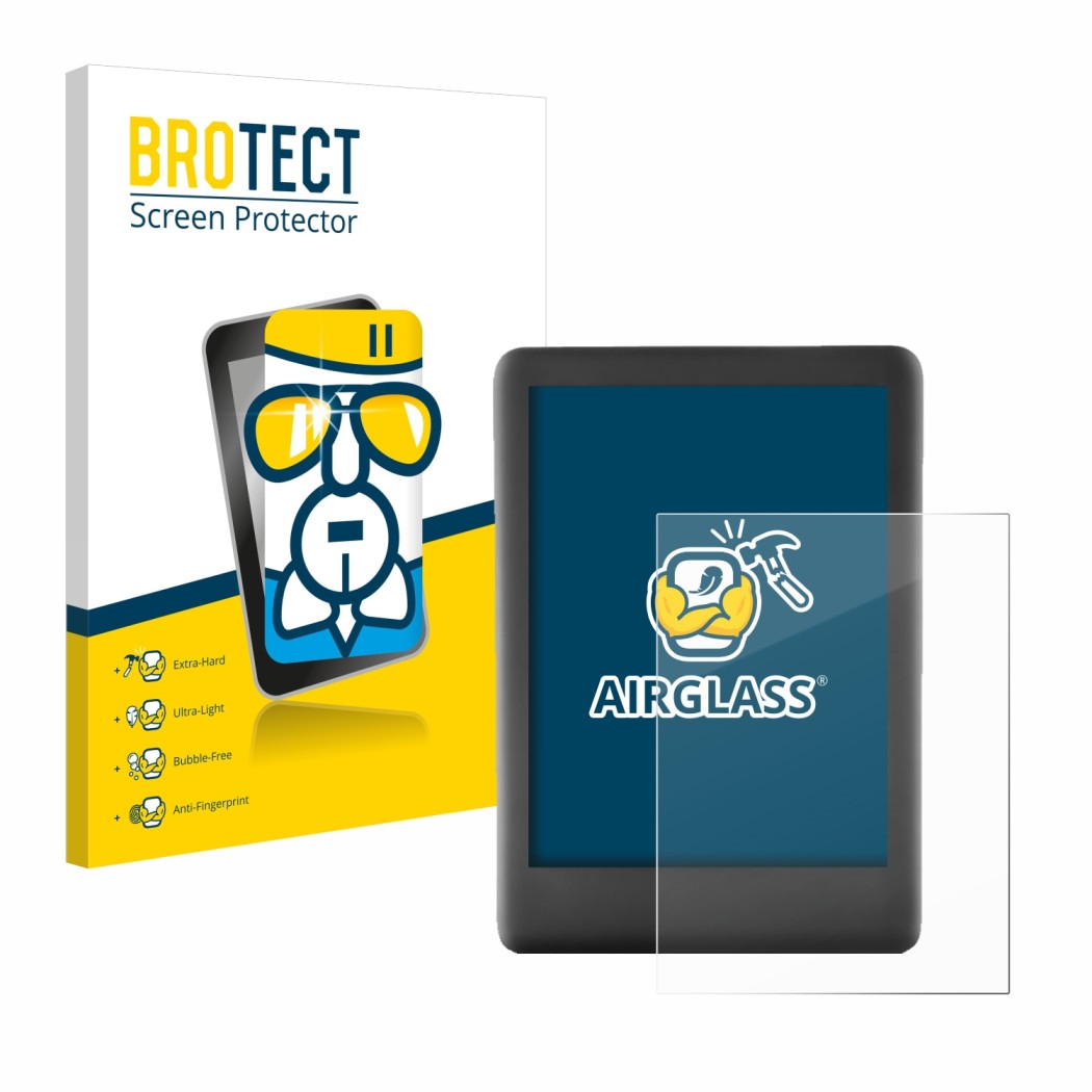 Parte frontal de un envase de producto con el logotipo de la marca BROTECT. Al lado se muestra el dispositivo Amazon Kindle 20