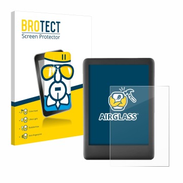 Parte frontal de un envase de producto con el logotipo de la marca BROTECT. Al lado se muestra el dispositivo Amazon Kindle 20