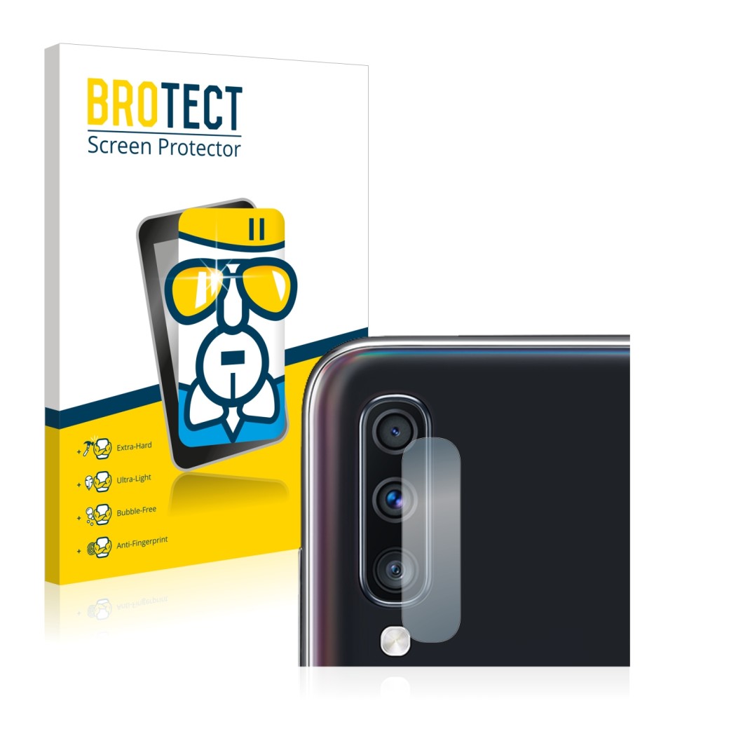Vorderseite einer Produktverpackung mit dem Markenlogo BROTECT. Daneben ist das Gerät Samsung Galaxy A70 (NUR Kameraschutz) mi
