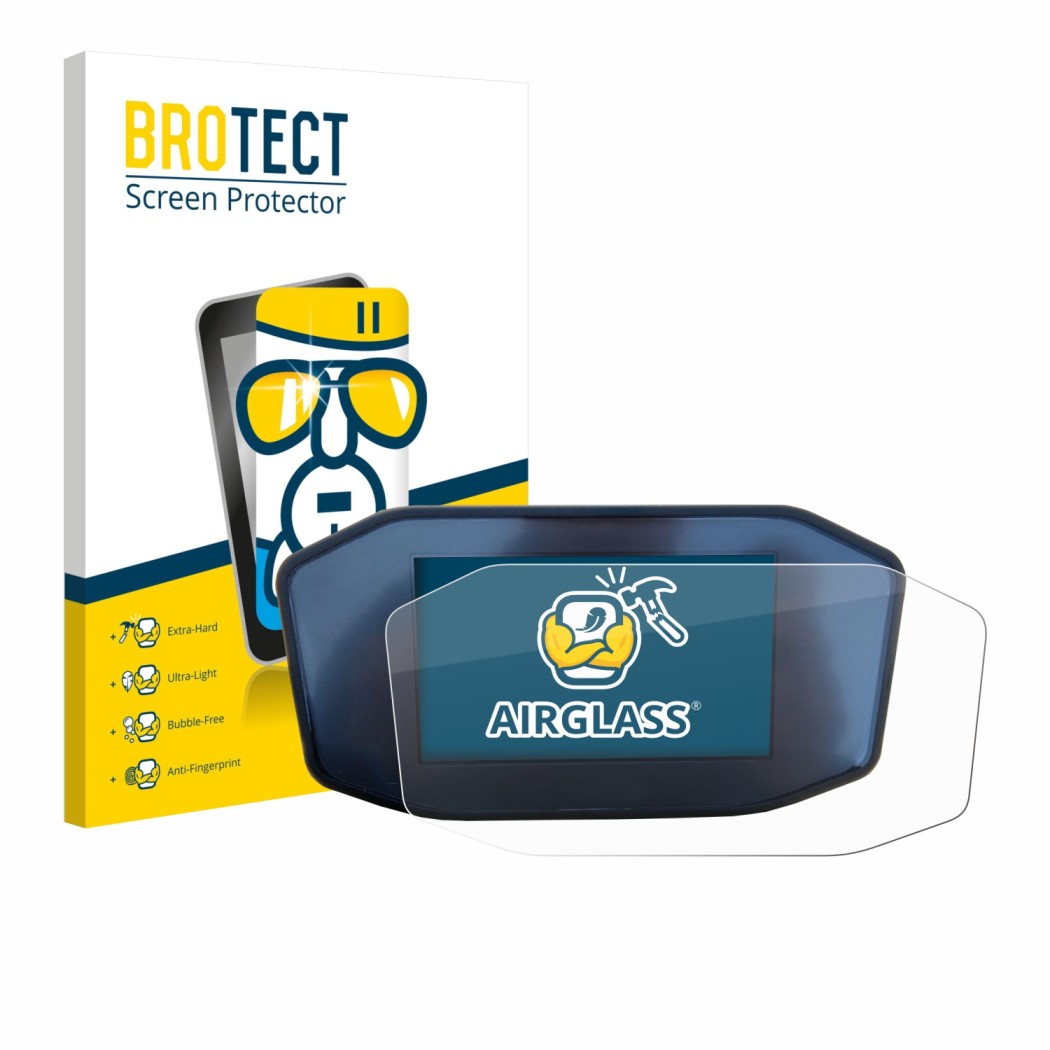 Face avant d’un emballage produit avec le logo de la marque BROTECT. À côté, l’appareil KTM 1290 Super Duke R est représenté a