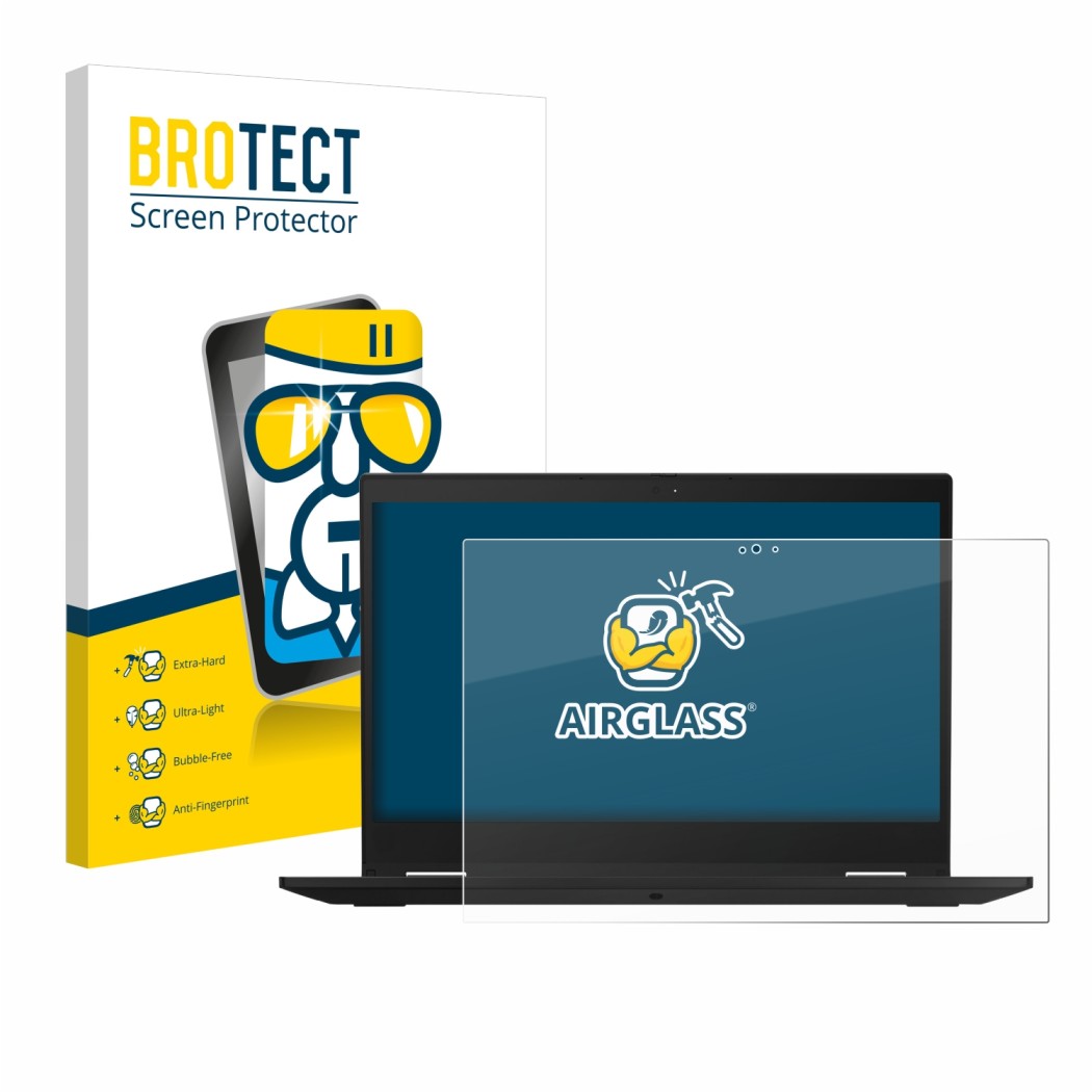 Front side of a product packaging with the brand logo BROTECT. Next to it is the device Lenovo ThinkPad X390 Yoga shown with t