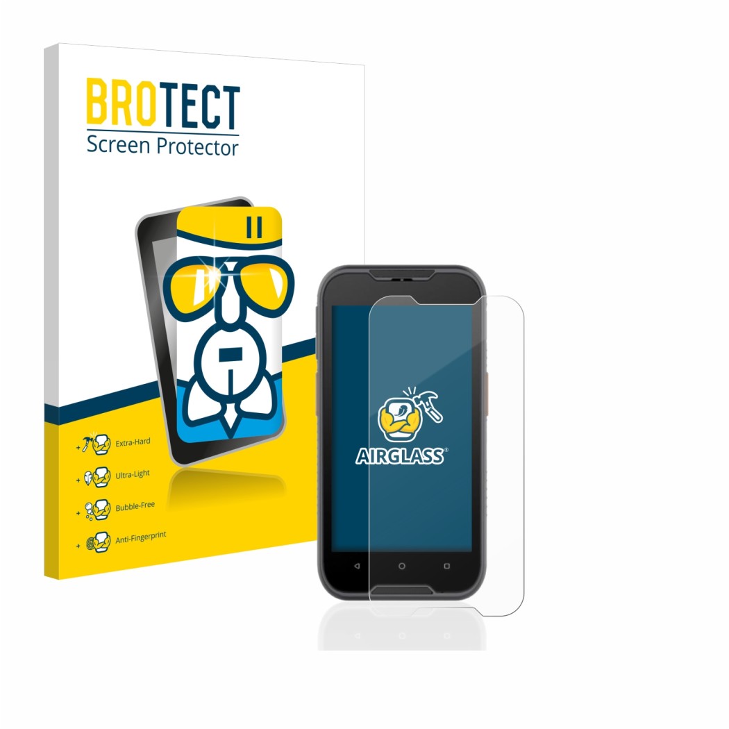 Face avant d’un emballage produit avec le logo de la marque BROTECT. À côté, l’appareil Datalogic Memor 10 est représenté avec