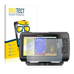 Front side of a product packaging with the brand logo BROTECT. Next to it is the device Garmin Striker Plus 9sv shown with the