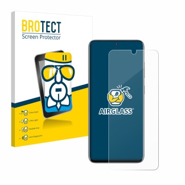 Vorderseite einer Produktverpackung mit dem Markenlogo BROTECT. Daneben ist das Gerät Samsung Galaxy S20 mit dem zugehörigen D
