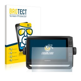 Front side of a product packaging with the brand logo BROTECT. Next to it is the device Garmin ECHOMAP UHD 92sv shown with the
