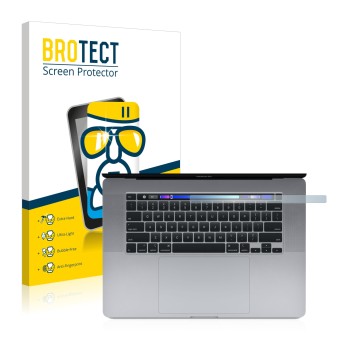 Face avant d’un emballage produit avec le logo de la marque BROTECT. À côté, l’appareil Apple MacBook Pro 16