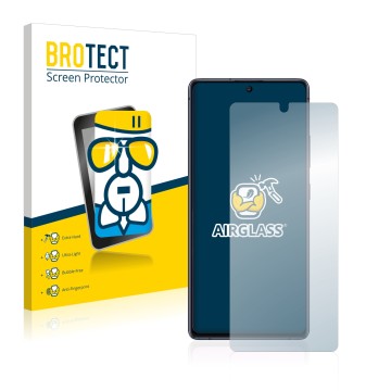 Vorderseite einer Produktverpackung mit dem Markenlogo BROTECT. Daneben ist das Gerät Samsung Galaxy S10 Lite mit dem zugehöri