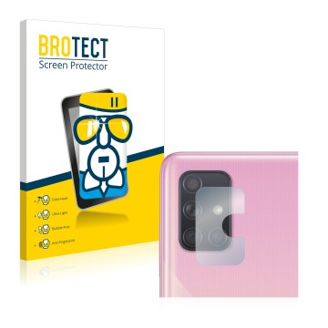 Front side of a product packaging with the brand logo BROTECT. Next to it is the device Samsung Galaxy A71 (ONLY Camera Lens) 