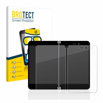 Face avant d’un emballage produit avec le logo de la marque BROTECT. À côté, l’appareil Microsoft Surface Duo est représenté a