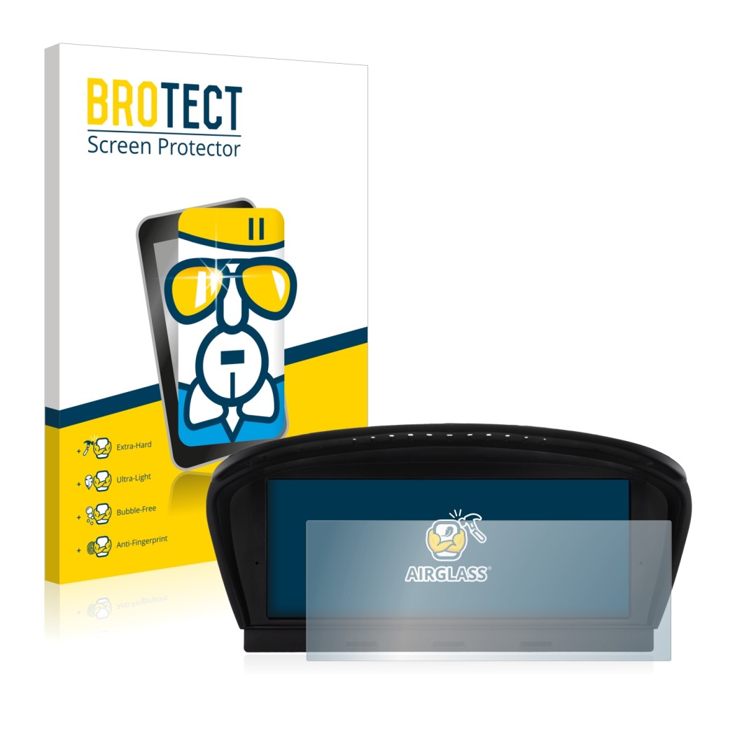 Front side of a product packaging with the brand logo BROTECT. Next to it is the device BMW 5 E60 2003-2007 iDrive Infotainmen